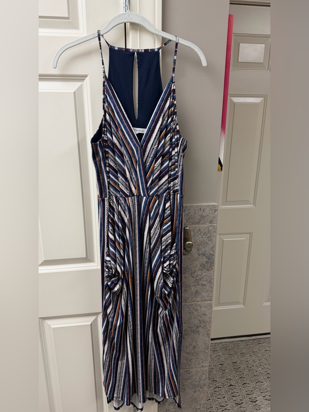 BCBGeneration Navy Striped V-Neck Spaghetti Strap Maxi Dress